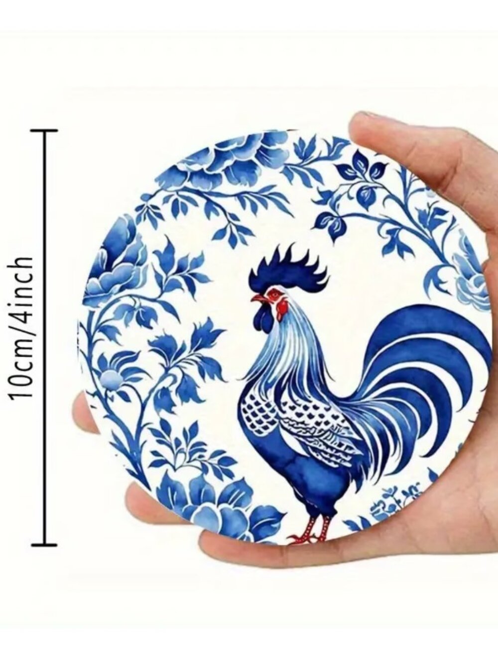 Wood Rooster Coasters in Blue & White Chinoiserie Style 6pcs Cottagecore - Picture 6 of 6